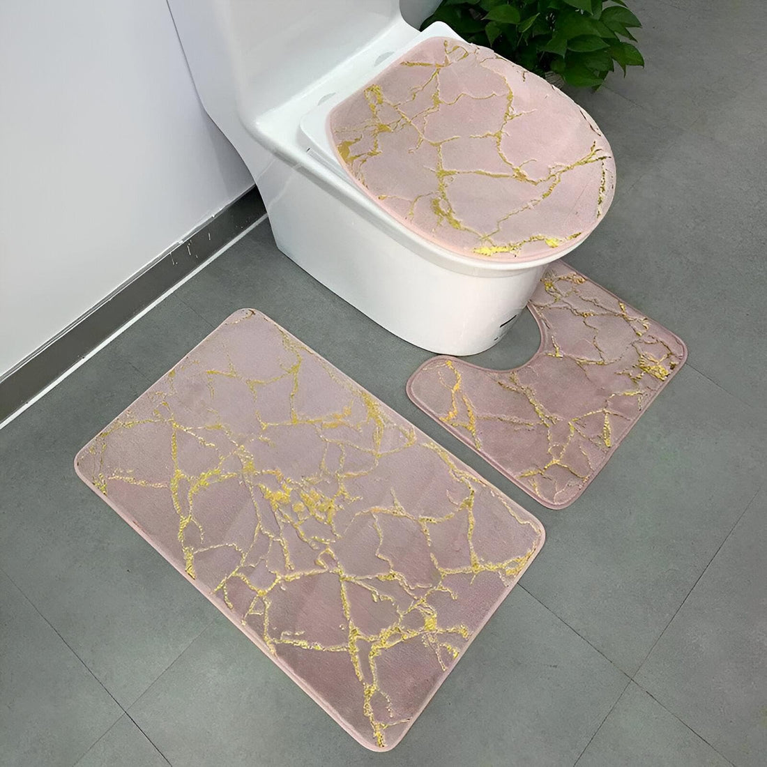 Bathroom Rugs Set - Contemporary - Marble Non Slip Accessories Set of 3, Includes Toilet Lid and Washable Bath Mat for Modern Bathroom Renovation (Pink)
