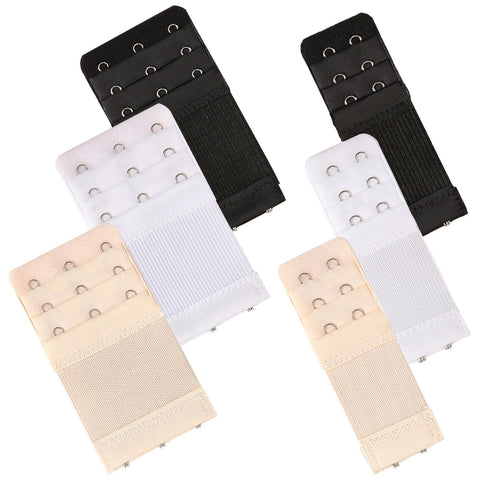 kurkip Pack of 6 Bra Extenders, 3 Rows, 2 Hooks, 3 Hooks, Bra Extension, Soft, Comfortable and Stretchy, Bra Closure, Elastic, Suitable for Women (Black, White, Skin Colour), Black, white, skin