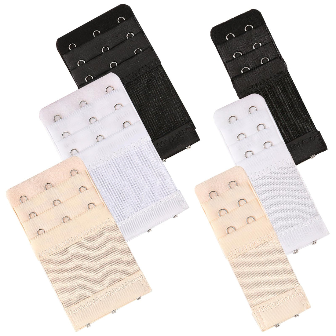 kurkip Pack of 6 Bra Extenders, 3 Rows, 2 Hooks, 3 Hooks, Bra Extension, Soft, Comfortable and Stretchy, Bra Closure, Elastic, Suitable for Women (Black, White, Skin Colour), Black, white, skin
