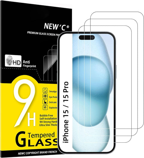 NEW'C Pack of 3 Tempered Glass Screen Protector for iPhone 15/15 Pro (6.1 Inches), Scratch Free, 9H Hardness, HD Screen Protector, 0.33 mm Ultra Clear, Ultra Resistant