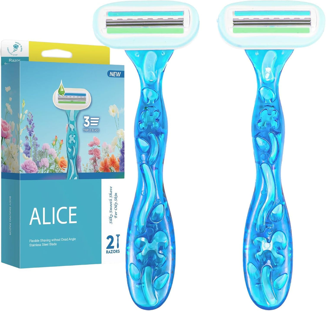 Alice Razor for Women – Set of 2 Body Shavers – Triple Stainless Blades, Flexible Head – Baby Blue – For Oily Skin