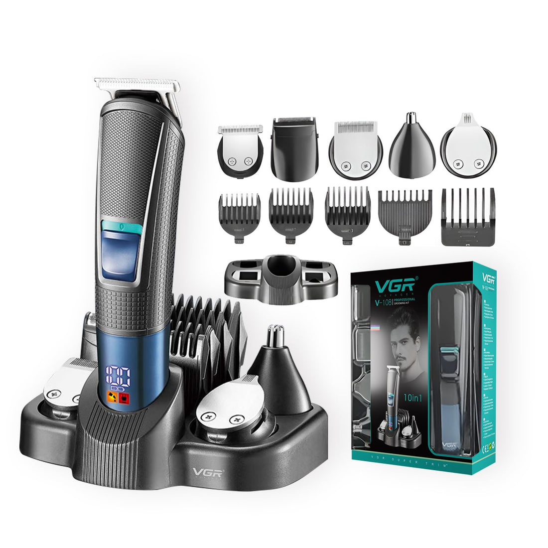 VGR V-108 Professional 10 in 1 Grooming Kit with LED Display, All in one Trimmer for Men,Suitable for Face, head, Nose,Ear & Body Grooming, 120 min Runtime (Black, Blue) 1 Year Warranty