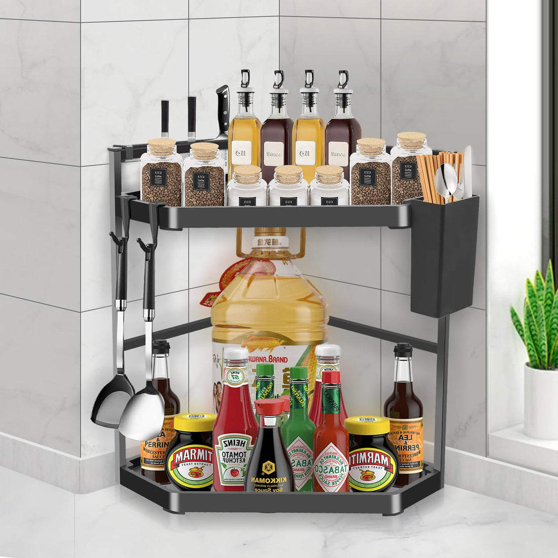 2 Tier Adjustable Corner Kitchen Shelf, 39 cm Extra Large Worktop Spice Rack, Triangular Wall Spice Rack Made of Stainless Steel, Corner Shelf Organiser for Kitchen and Bathroom