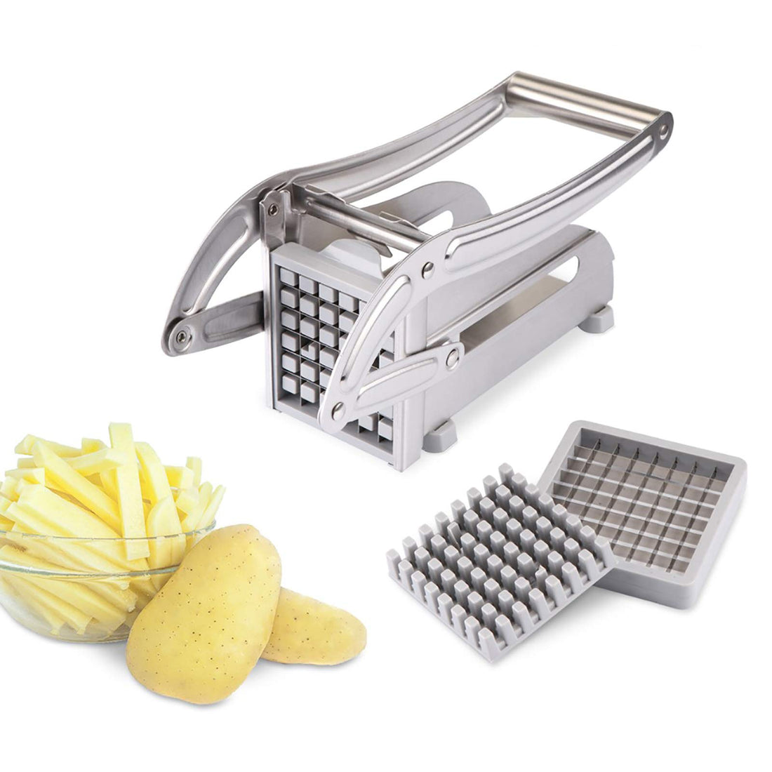 MaxGoods Stainless Steel Potato Slicer with Interchangeable Cutting Blades for French Fries and Vegetables Easy to Slice, Silver