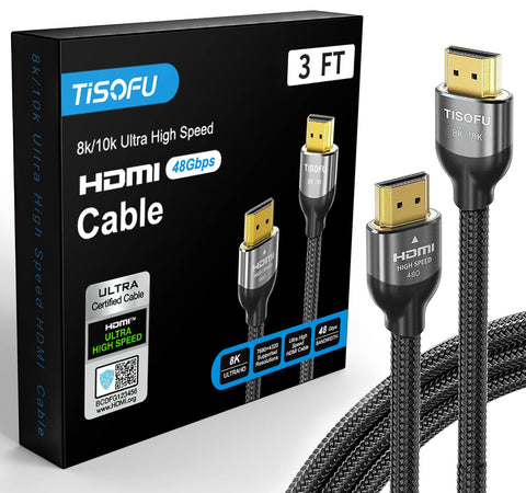 TISOFU 【Ultra Certified 10K 8K HDMI Cable 3FT: HDMI 2.1 Cables 48Gbps High Speed Premium Braided Cord 8K@60Hz 4K@120Hz 4K@144Hz HDCP 2.2&2.3 CL3 ARC eARC for HD/HDR/HDTV