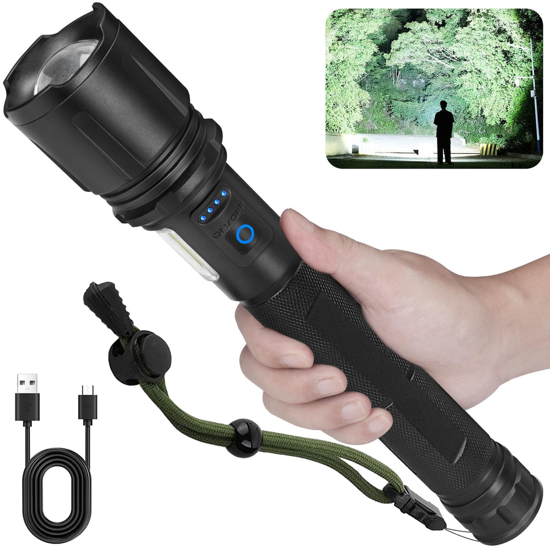 Flashlights High Lumens Rechargeable, 150000 Lumens Super Bright Led Flashlight, 7 Modes with COB Work Light, Zoomable, IPX6 Waterproof, Handheld Powerful Flash light for hu∩ting, Camping, Emergencies