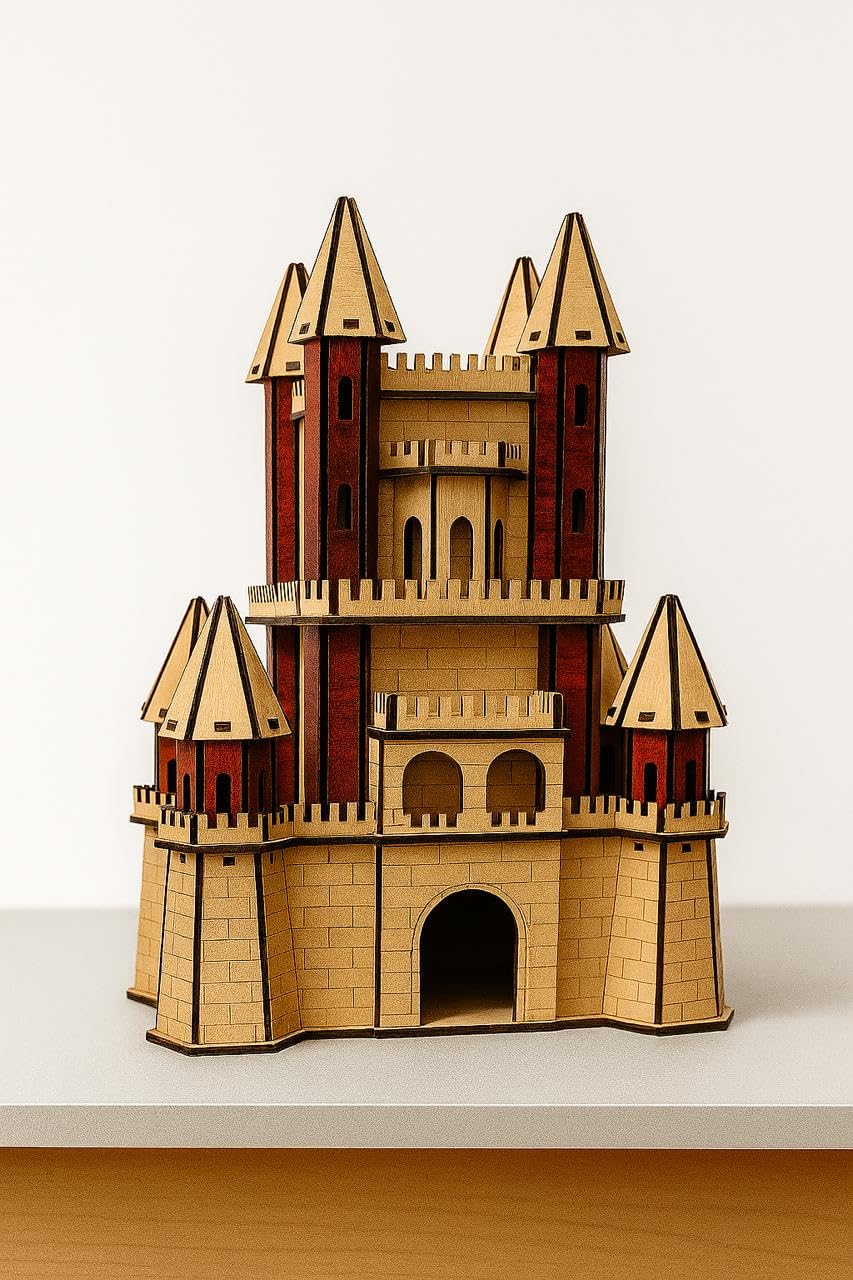Handcrafted Wooden Castle Model – Laser Cut Decorative Miniature – Natural & Mahogany Finish