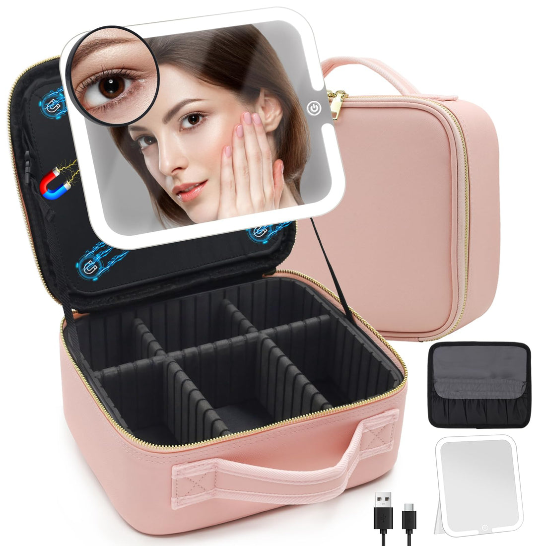 Travel Makeup Bag Cosmetic Organizer Bag with Large Magnetic Removable Lighted Mirror, Makeup Case with Mirror and Lights 3-Color Modes Adjustable Brightness 360° Angle, Makeup Travel Train Case Gift