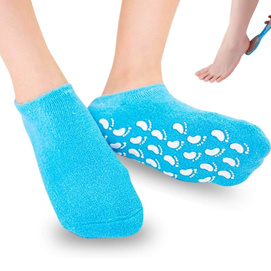 we3 Gel Moisturizing Spa Socks Soft Cotton with Thermoplastic Gel Repair and Heal Eczema Cracked Dry Skin, Gel Lining Infused with Essential Oils and Vitamins (Blue)