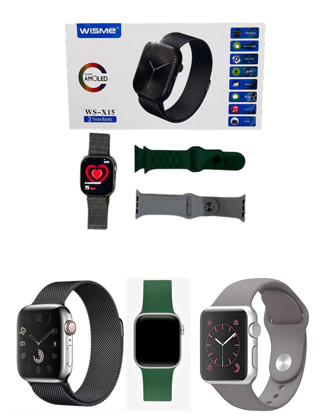 By Wisme WS-X15 Smart Watch, Super Amoled, 5D, Gesture Control, GPS, Calls, Fitness Tracker, BPM, Weather, Camera, Music, 3 Straps, IOS, android, men, women, 3 Months Warranty (Silver)