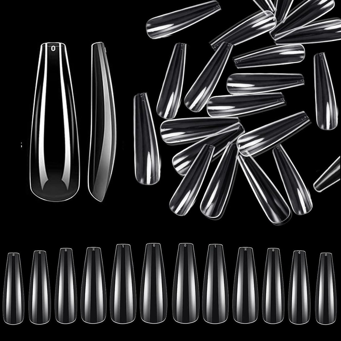 Long Coffin Gel Nail Tips 500 pcs 12 Sizes Clear Press on Nails Base Tips Coffin False Fake Tips Full AcrylicShaped For Nail Extension DIY Salon Soft Gel