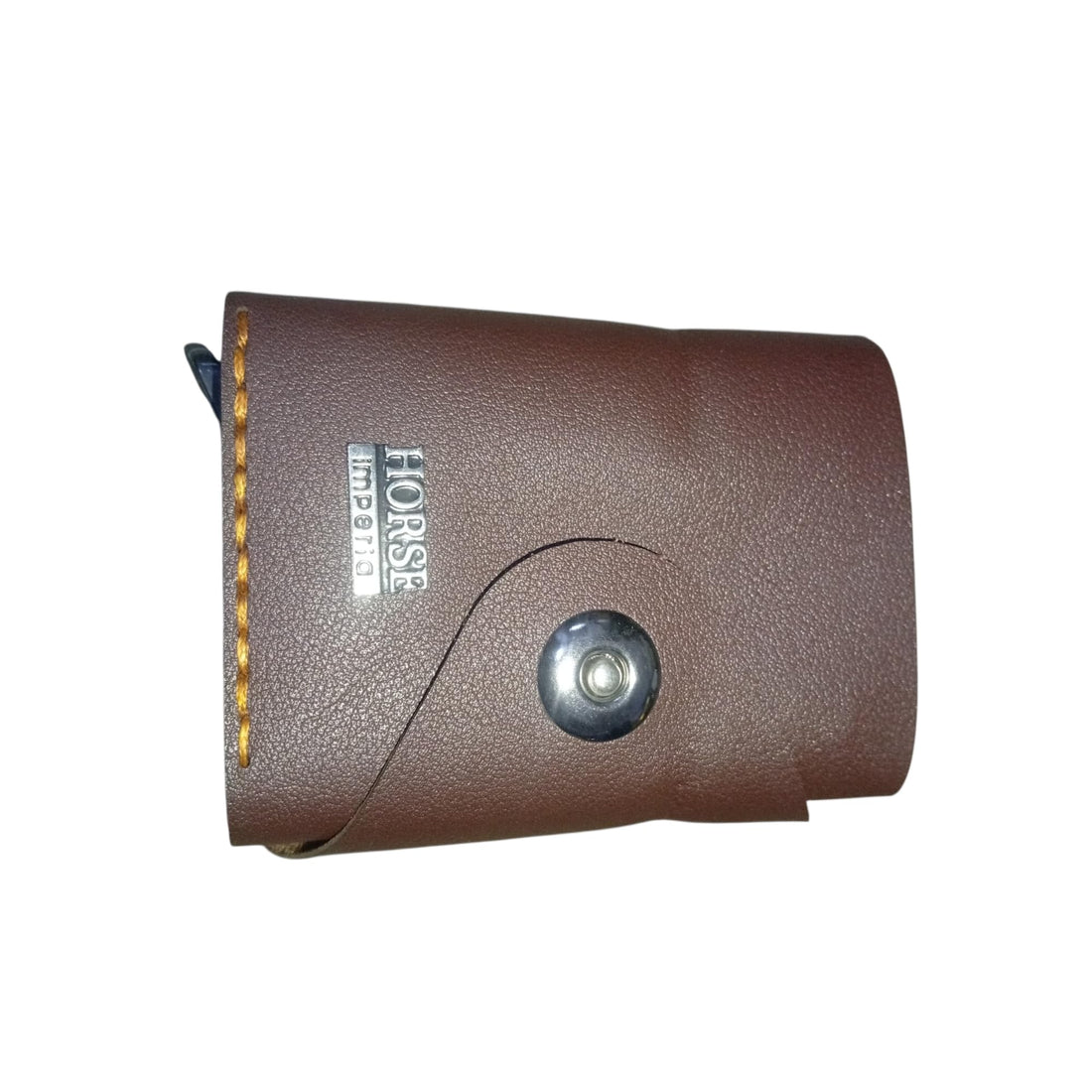 Lokyboy Brown Leather Trifold Wallet with Metal Button, Yellow Stitching, Card Holder