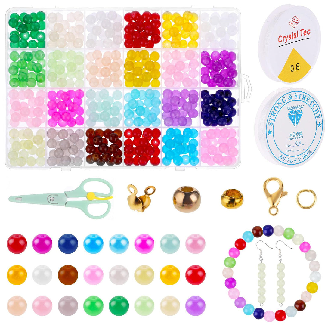 Abeillo 700Pcs Colorful Glass Beads Bracelet Making Kits, 24 Colors 8mm Mixed Crystal Gemston Beads Bulk Sparkling Round Glass Charming Beads for Crafting Jewelry Bracelet Making