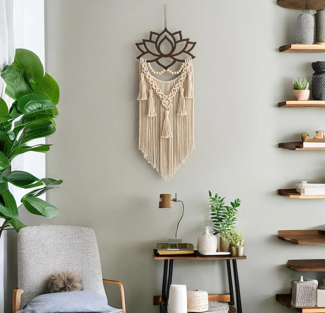 Lotus macrame wall hanging Macrame lotus dreamcatcher Lotus flower wall decor Boho wall art Yoga room decor Gifts for her Boho lover U20 (small)