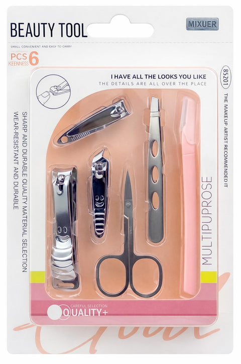 Mixueer - Beauty Tool, Manicure Set Of 6 PCS, Includes 1 large Nail Clipper & 2 Small Nail Clipper & Tweezer & Scissor & Eyebrow Razor, Silver Kit For Home Use & Travel
