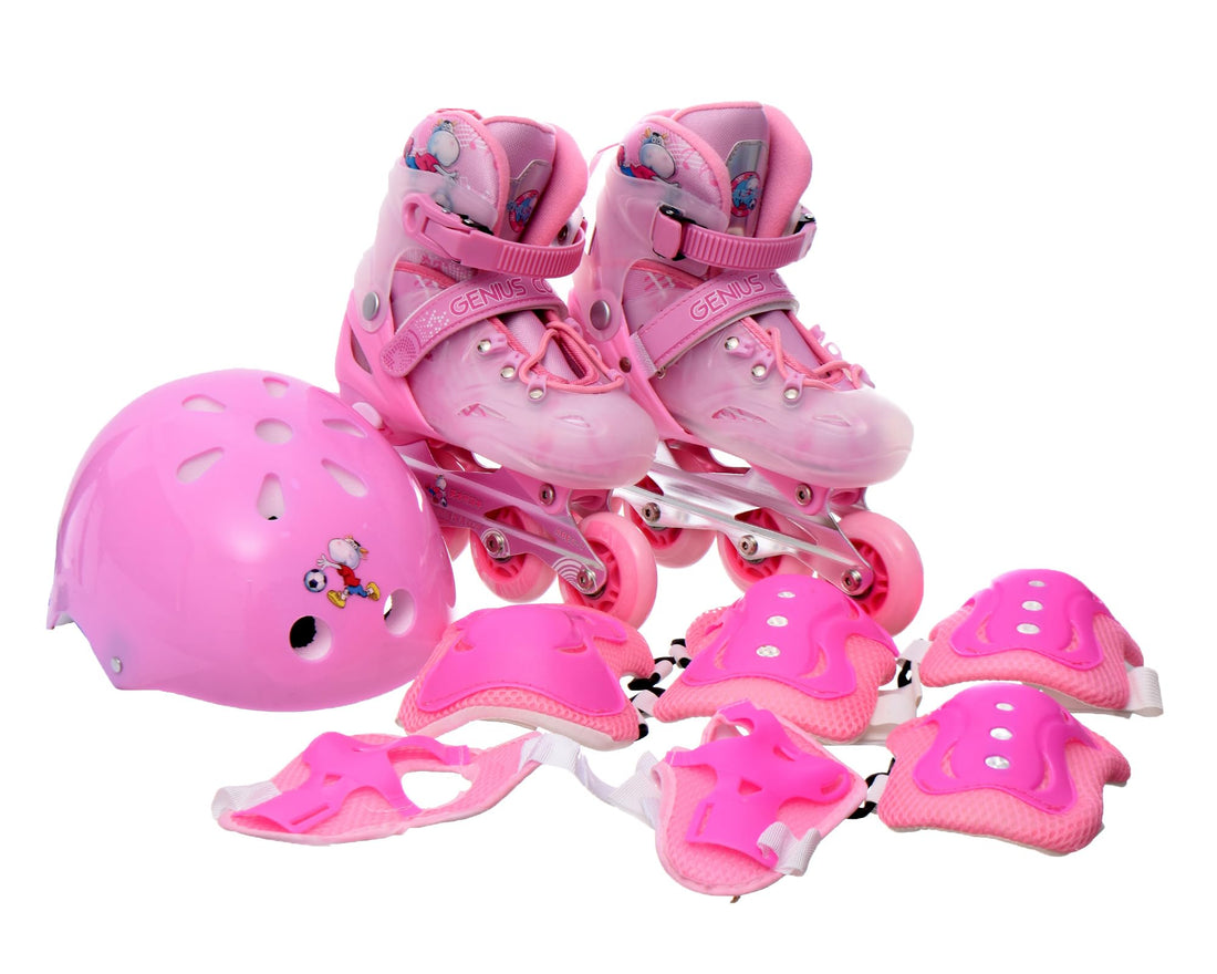 Inline Skates Adjustable Set of Roller Skates with Wheels and Kids Elbow Pads Protective Kit Helmet Set for Skating size 28-32 - Pink