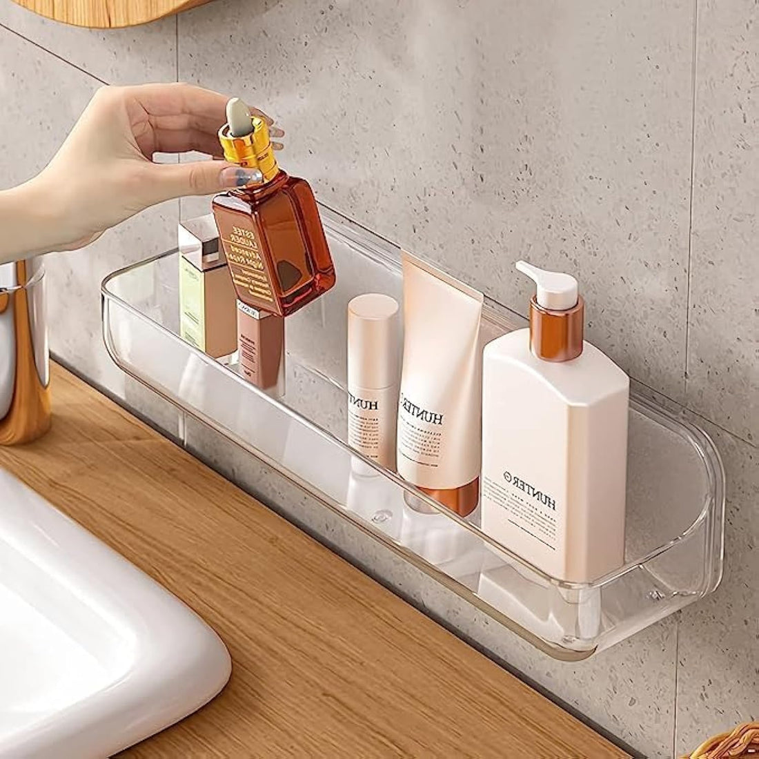 Acrylic Wall Mounted Shower Caddy, Clear, 12.4" x 3.42" x 3.26" Shelf, No Drilling Hang Walls Adhesive Shelf for Bathroom, Kitchen