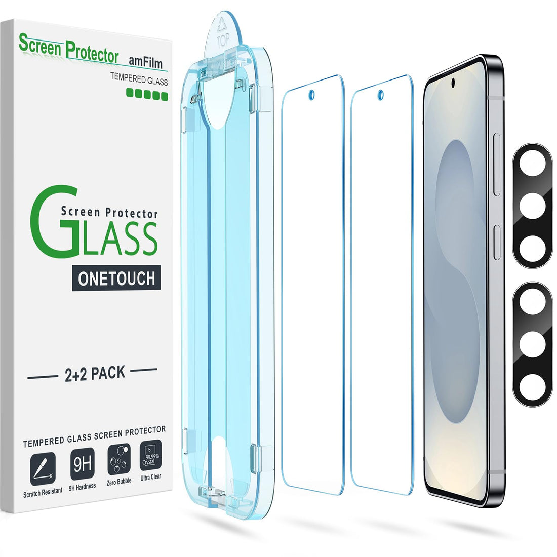 amFilm Auto-alignment OneTouch for Samsung Galaxy S25+ Plus 6.7'' Screen Protector + Camera Lens Protector, Tempered Glass, 30 seconds Installation, Bubble Free, Case Friendly, Anti-Scratch [2+2 Pack]