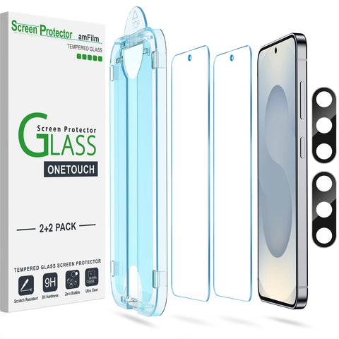 amFilm Auto-alignment OneTouch for Samsung Galaxy S25+ Plus 6.7'' Screen Protector + Camera Lens Protector, Tempered Glass, 30 seconds Installation, Bubble Free, Case Friendly, Anti-Scratch [2+2 Pack]