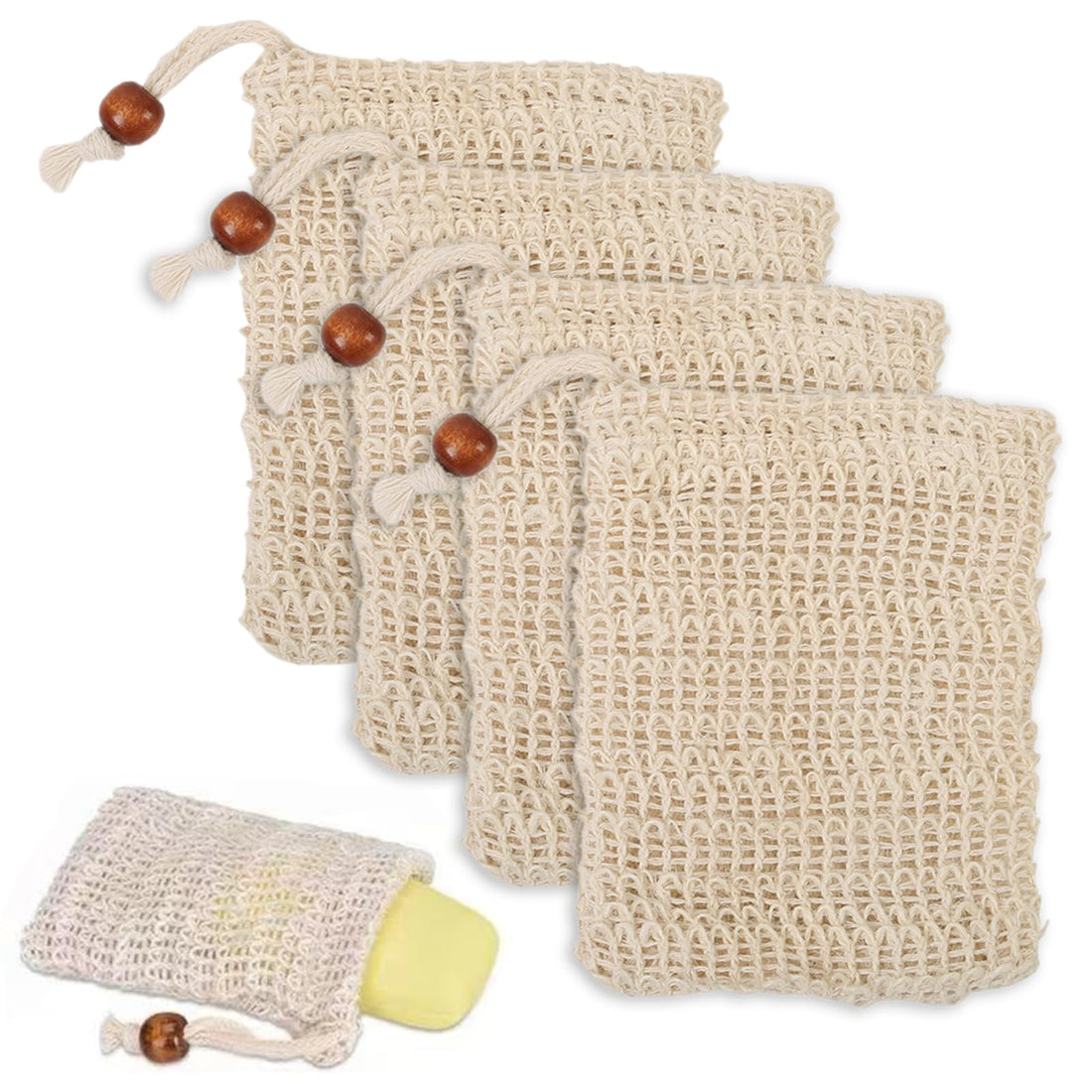 nalaina 4 Pack Soap Bags, Exfoliating Sisal Soap Pouch with Drawstring and Wooden Bead, Foaming and Drying Net for Bath and Shower