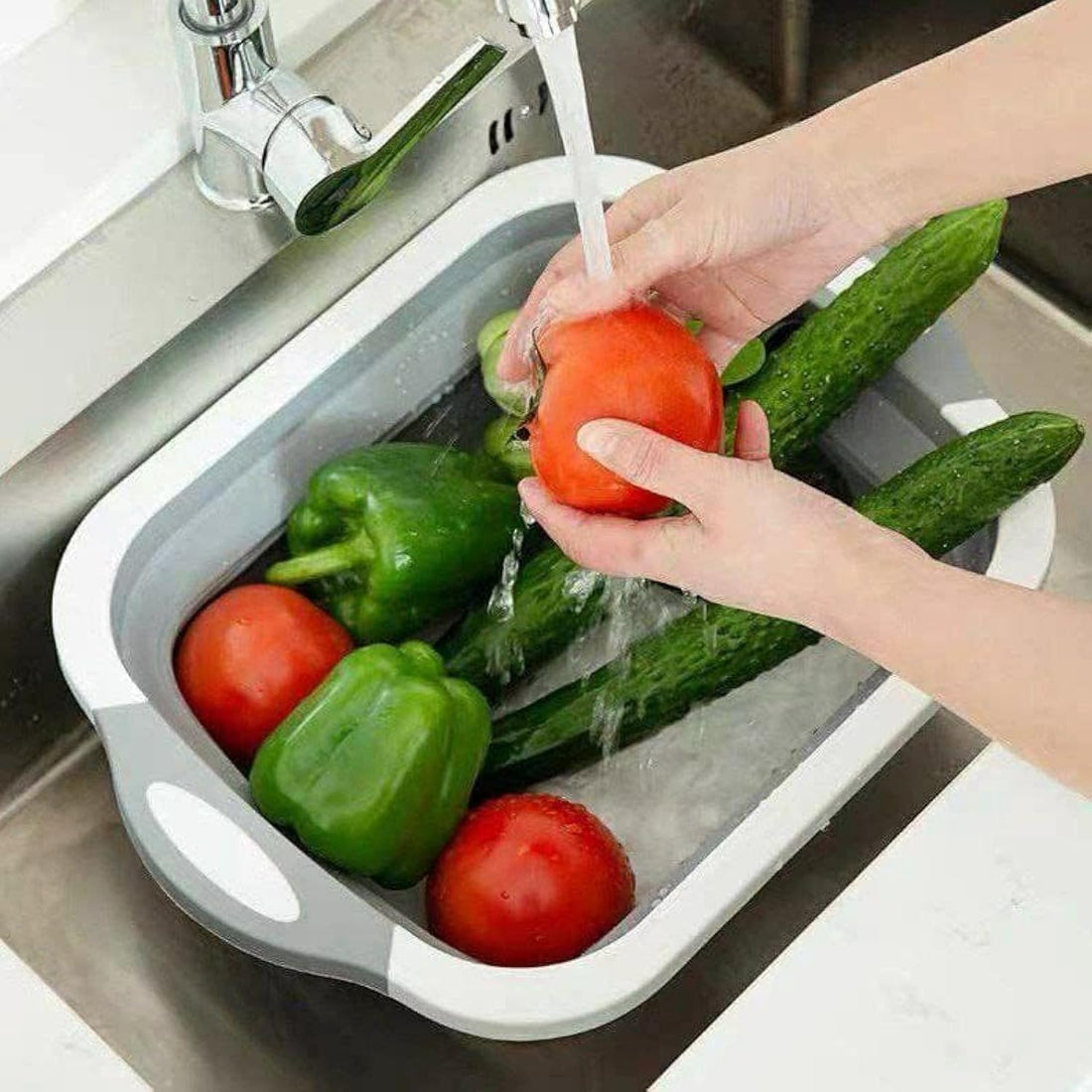 Collapsible Basin - 4 in 1 Multifunctional Plastic Cutting Board - Fruit Washing - Drain Basket with Plug - Collapsible Wash Basin - Serving Tray - Peguy Bell Innovations