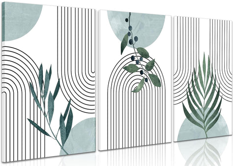 Boho Botanical Canvas Wall Art Set of 3, Minimalist Green Sage Art Painting, Geometric Line Poster Prints Wall Decor for Living Room, Bedroom, Office, Home Decor - Framed 16x24 In