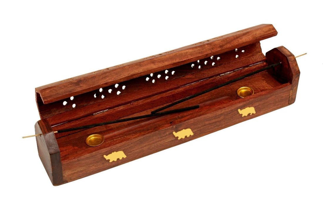 Zap Impex ® Wood Hand carved wooden incense Incense burner Incense burner holder with storage compartment, 12 x 2 x 2.5 inch