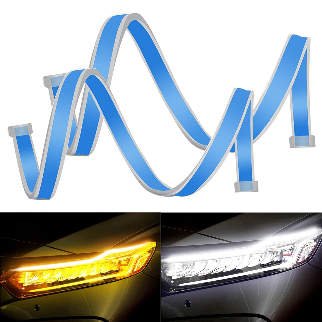 Flexible Car Led Light Strip, 24 Inch Dual Color LED Headlight Surface Strip Tube Light White and Amber/Yellow Daytime Running Light Waterproof DRL Neon Lights Turn Signal Bulb Sequential Switchback
