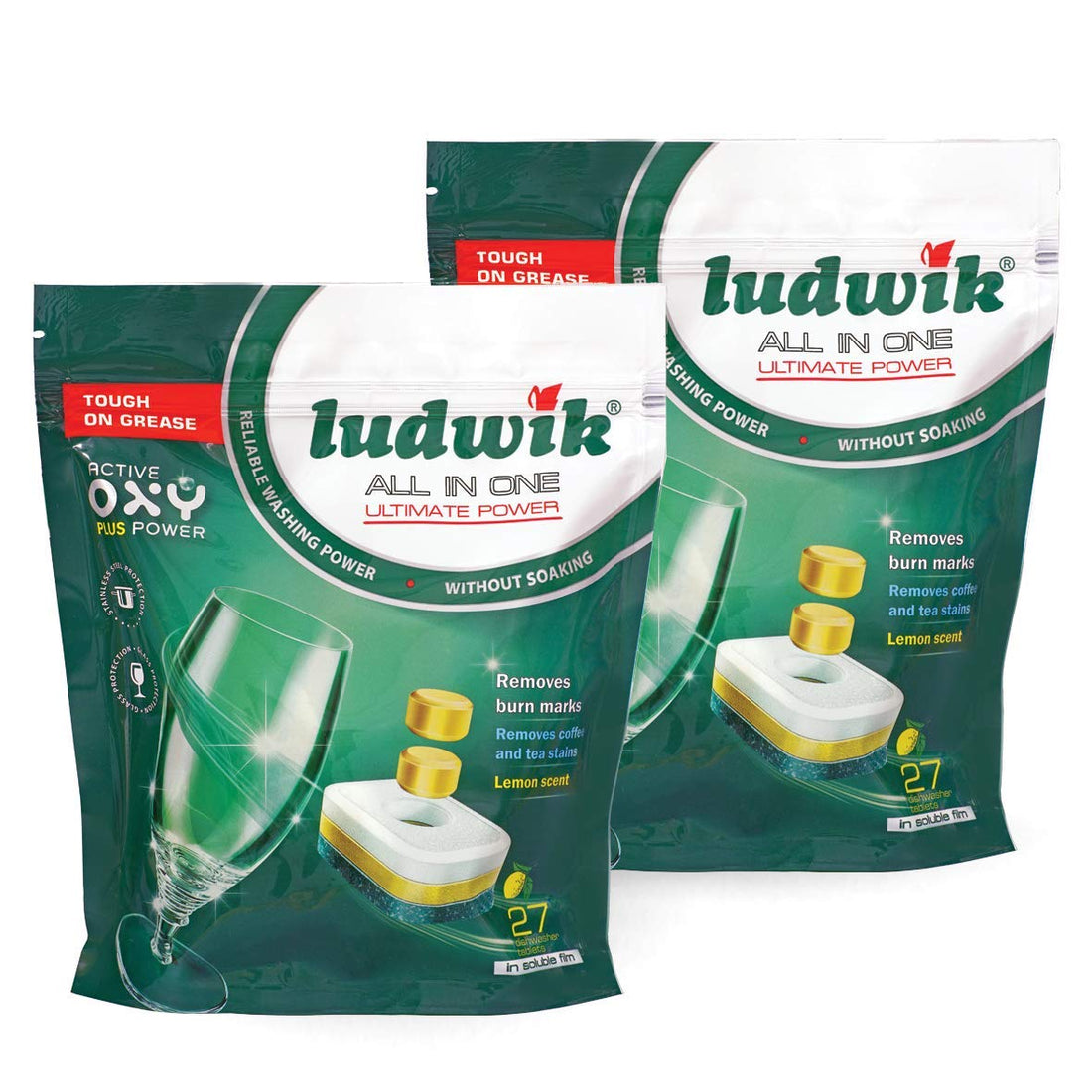 Ludwik all in one ultimate power dishwasher tablets with lemon scent, set of 2 - 27 tablets
