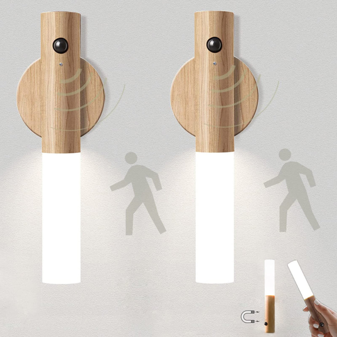 Rechargeable Battery Night Light Motion Sensor Set of 2 LED Wall Lights with 3-Modes Switch Wireless Portable USB Wall Sconces Mini Wood Stick Magnetic Lamp for Bedroom Bathroom Aisle Stairs