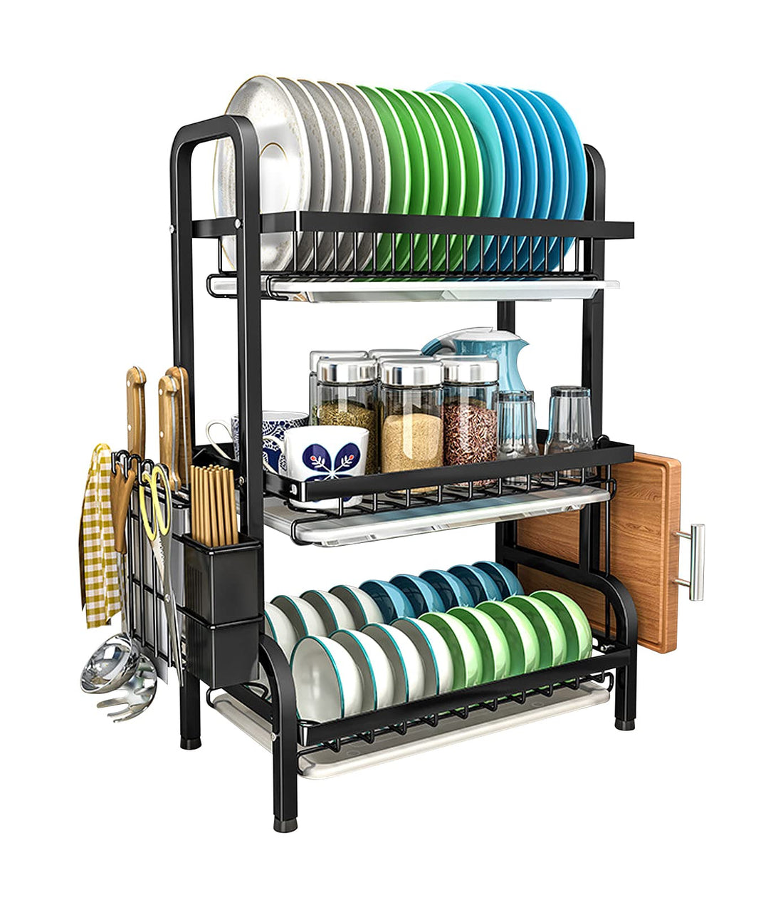 RENDIN Fret Drainer 3 Levels, Large Capacity Dish Drainer, Frets with Drainage Tray, 3, Cutting Board Grid*1, Tableware Grid*1