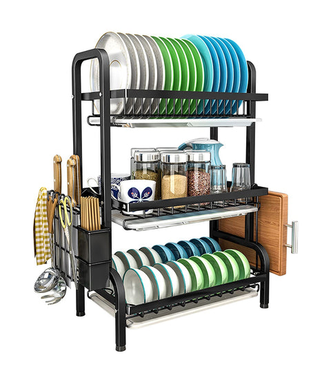 RENDIN Fret Drainer 3 Levels, Large Capacity Dish Drainer, Frets with Drainage Tray, 3, Cutting Board Grid*1, Tableware Grid*1