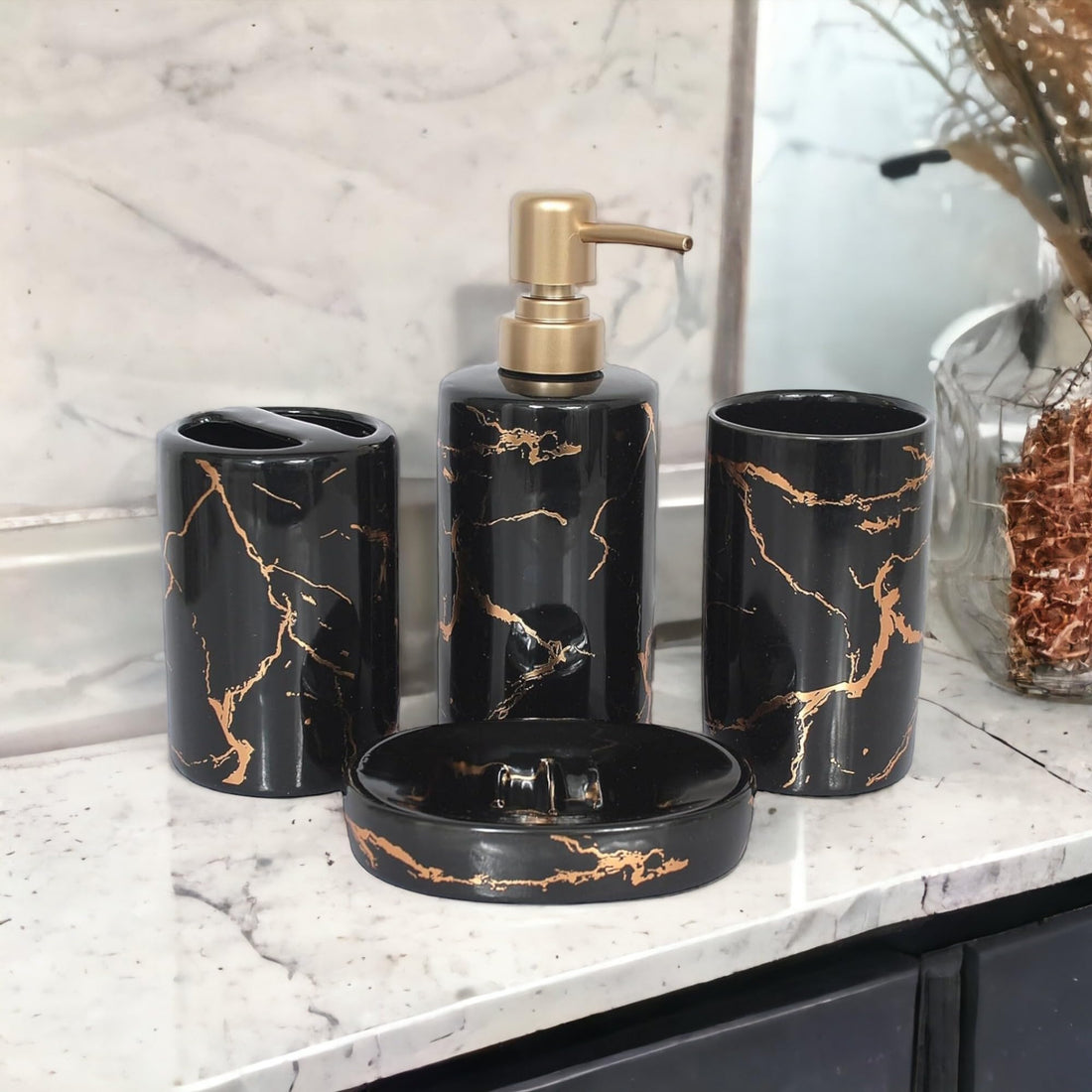 Imported Porcelain Square Bathroom Set - High Quality, Black and White, 4 Piece Assorted with Elegant Fashion Inspired Bathroom Decor: Dispenser, Tidy Soap Dish, Box M - Generic