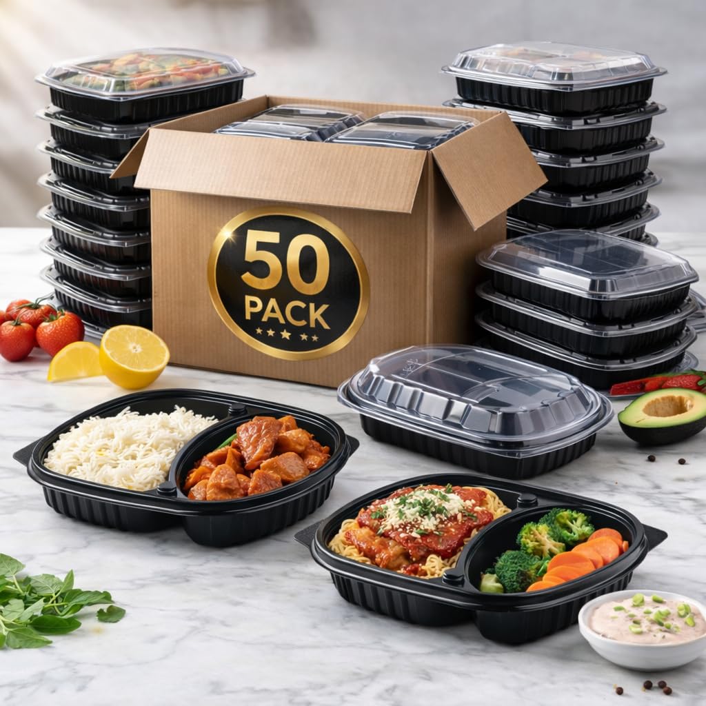 ProPrep™ Pack of 50 Premium 2-Compartment Meal Prep Containers | BPA-Free Reusable Microwave, Freezer & Dishwasher Safe Lunch Boxes with Airtight Lids | Stackable Portion Control Food Storage Set