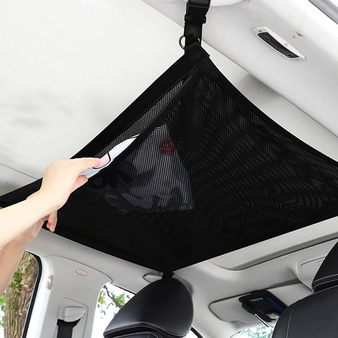 Car Ceiling Cargo Net - Car Cargo Net Roof Organizer with Adjustable Strap, Double Zipper, Double-Layer Mesh Car Ceiling Cargo Net for Most Car SUV MPV Truck