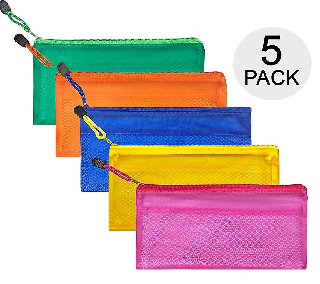 SNDIA 5-Pcs Zipper Pouch Pen Pencil Stationary Case Travel Document Holder and Cosmetics Bag (Colour May Vary, 23.5cm X 11cm)