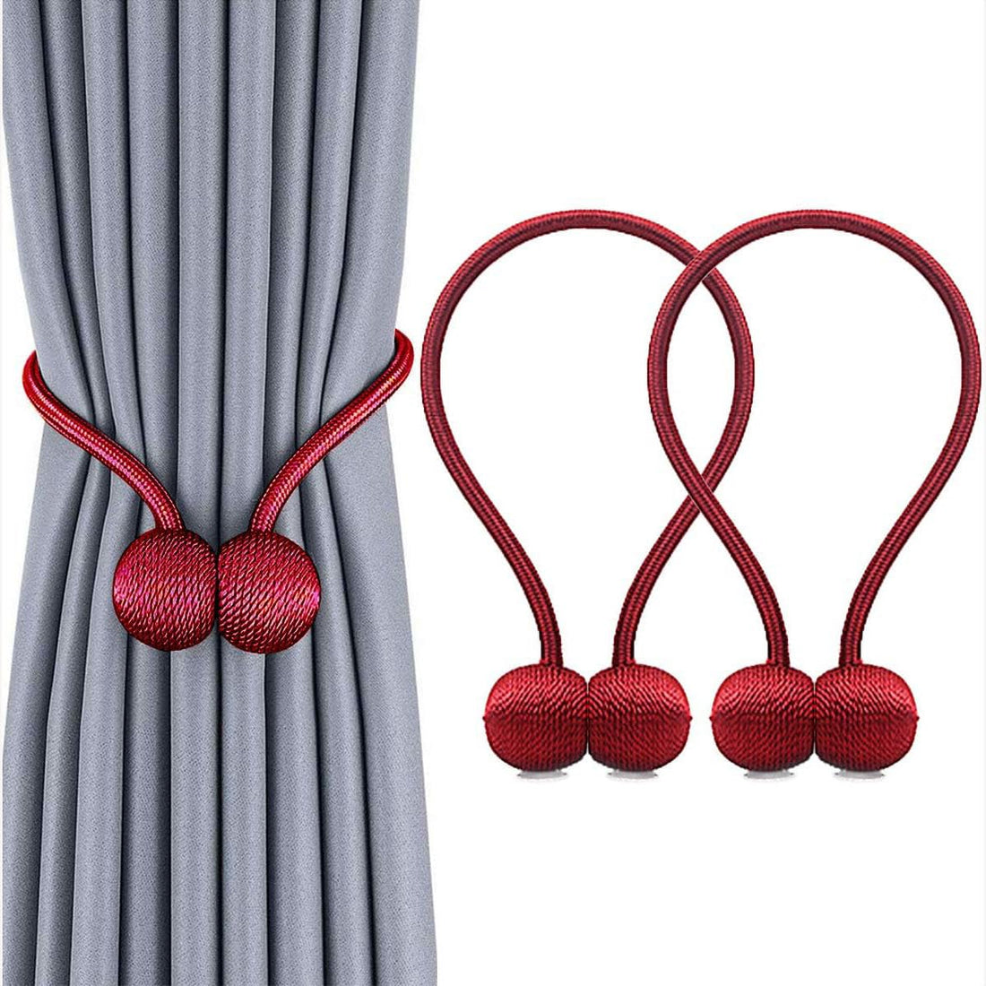 ECVV 2PCS Magnetic Curtain Tiebacks Clips Decorative Window Drape Twist Tie Backs Curtain Holders for Living Room Home Window Drapery (Red)
