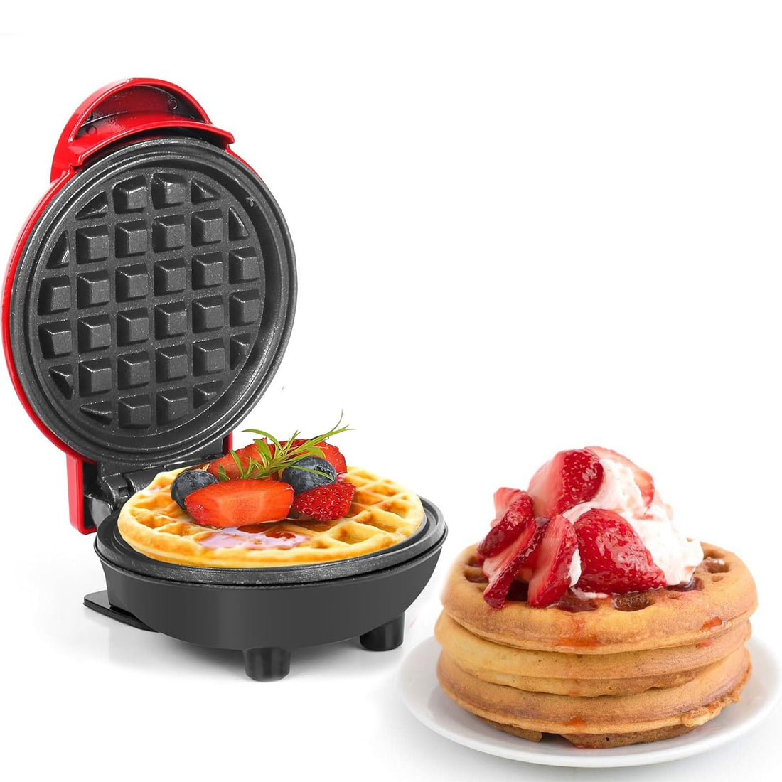 Mini Waffle Maker, Non-Stick Waffle Iron Machine Electric Mini Pancake Maker with Ready Indicator, Compact Waffle Maker for Waffles, Sweet Snacks, Desserts, Grilled Cheese, Red