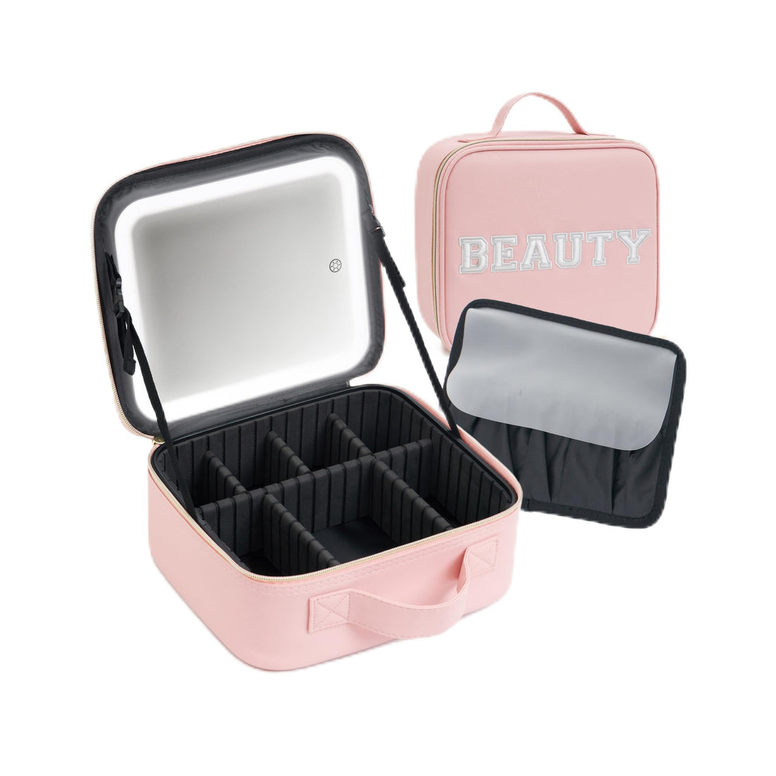 Makeup Bag with LED Mirror – Travel Cosmetic Organizer with Lighted Mirror, Adjustable Dividers & Brush Holder Storage – Portable PU Leather Makeup Case for Women & Girls - Pink, Pink