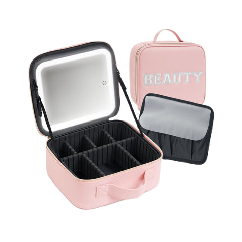 Makeup Bag with LED Mirror – Travel Cosmetic Organizer with Lighted Mirror, Adjustable Dividers & Brush Holder Storage – Portable PU Leather Makeup Case for Women & Girls - Pink, Pink