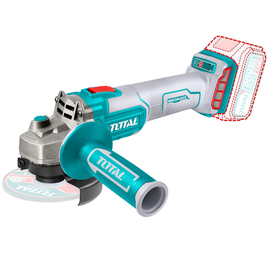 Total Tools - 20 V P20S Battery Angle Grinder, Radial with 115 mm Disc, Brushless Motor, No Battery or Discs, Wireless