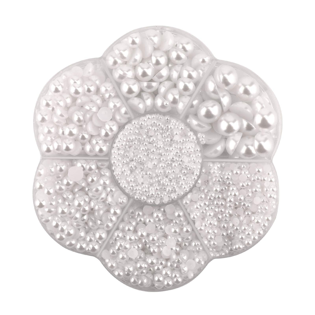 SAVITA 5600pcs 7 Sizes White Flat Back Half Round Pearl Beads Satin Chandelier Loose Beads Gems for DIY Crafts Jewellery Decorations Wedding Dress Nail Art Making