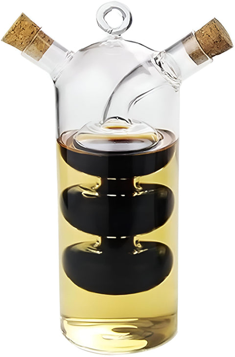 2 in 1 Clear Glass Olive Oil and Vinegar Dispenser Bottle Set, Multipurpose Kitchen Use - Double Clear Bowl with Spiral Lid, Perfect for Storing Cooking Tools