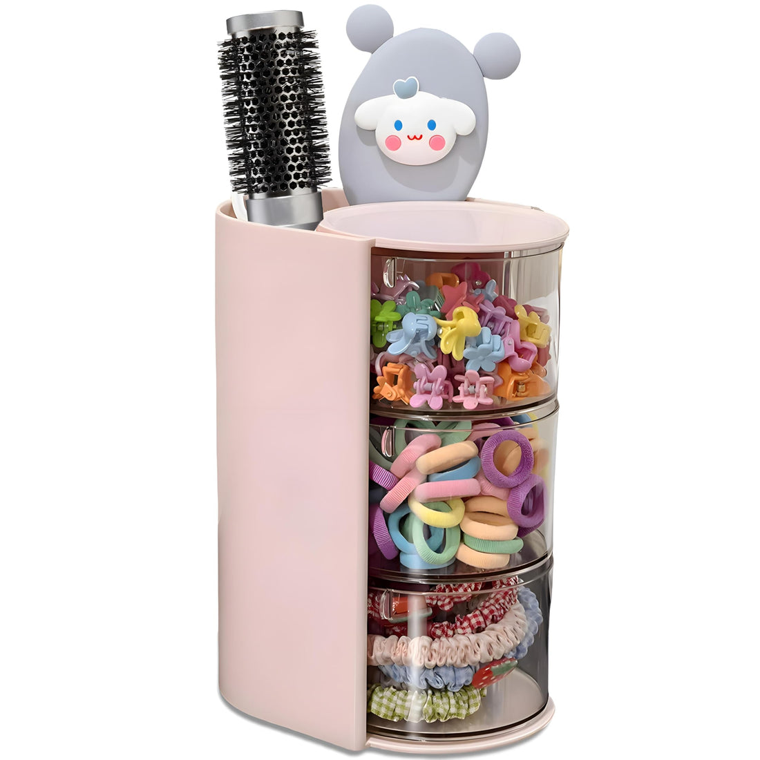 Rotating Organiser - Pink 3-Layer Hair Accessories Storage with Built-in Brush Holder, Transparent Views for Clips and Bands, Compact Vertical Design for Vanity Desks