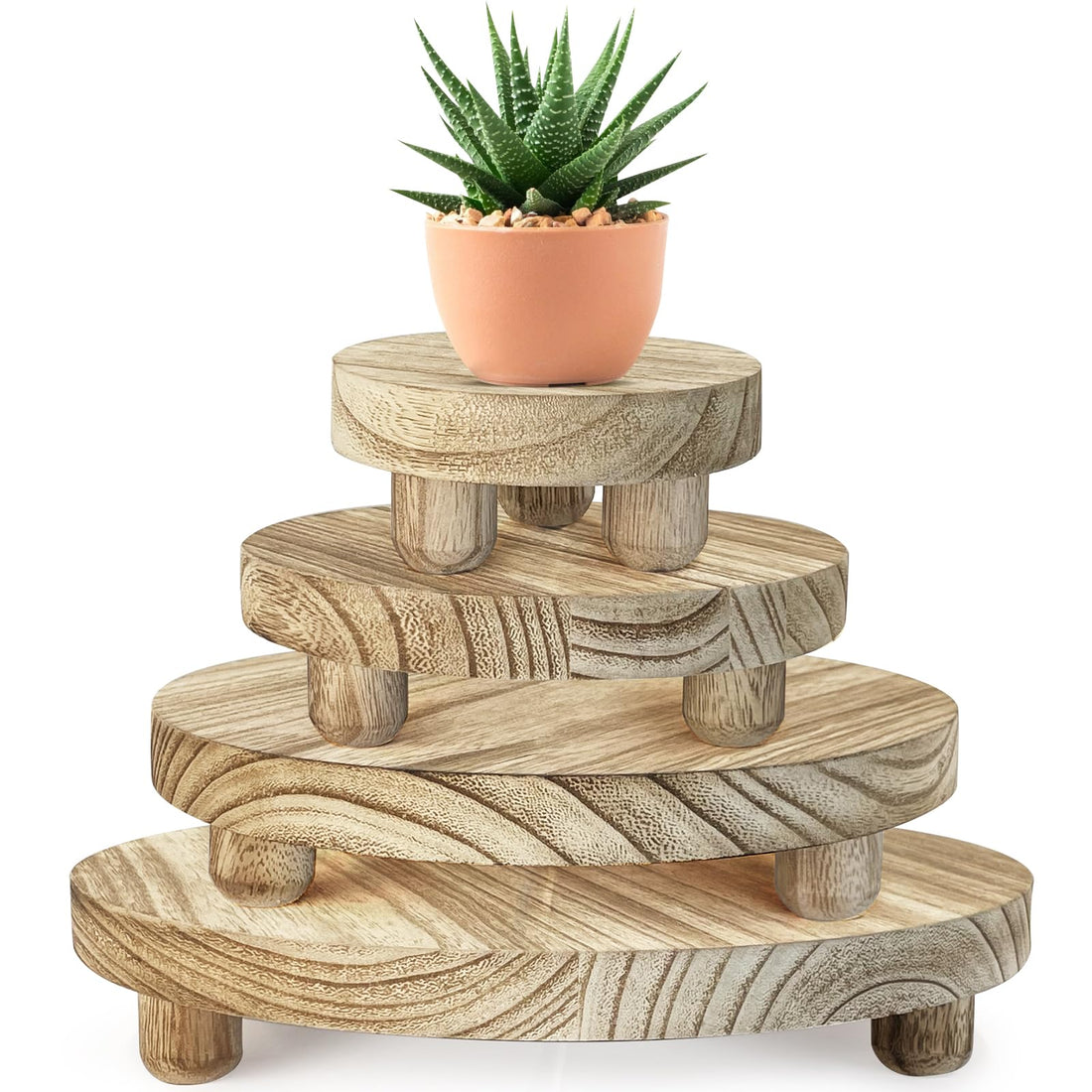 4 Pack Wood Plant Stool, Mini Wooden Plant Stand, Round Decorative Flower Shelf Plant Pot Riser Holder, Pedestal Riser Holder with Legs for Indoor Outdoor Home Patio Decoration(Light Brown-4pack)