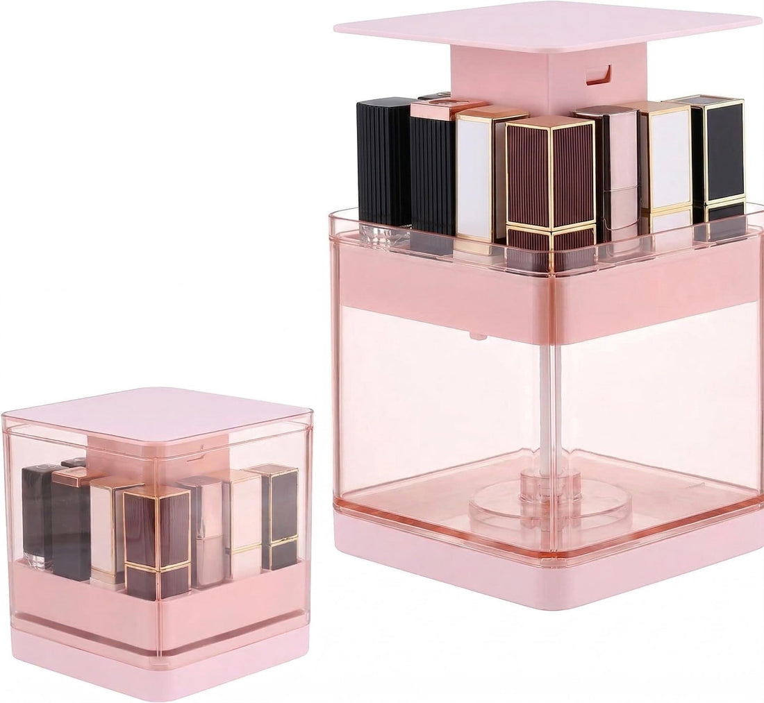 Magic Lipstick Box | Automatic Organizer Press System | Lipgloss Cosmetic Smart Makeup Holder with 12 Slots & Clear Lid | Dust-Proof Pop-Up Vanity Storage Box | Soft Opening Spring Lift | Pink