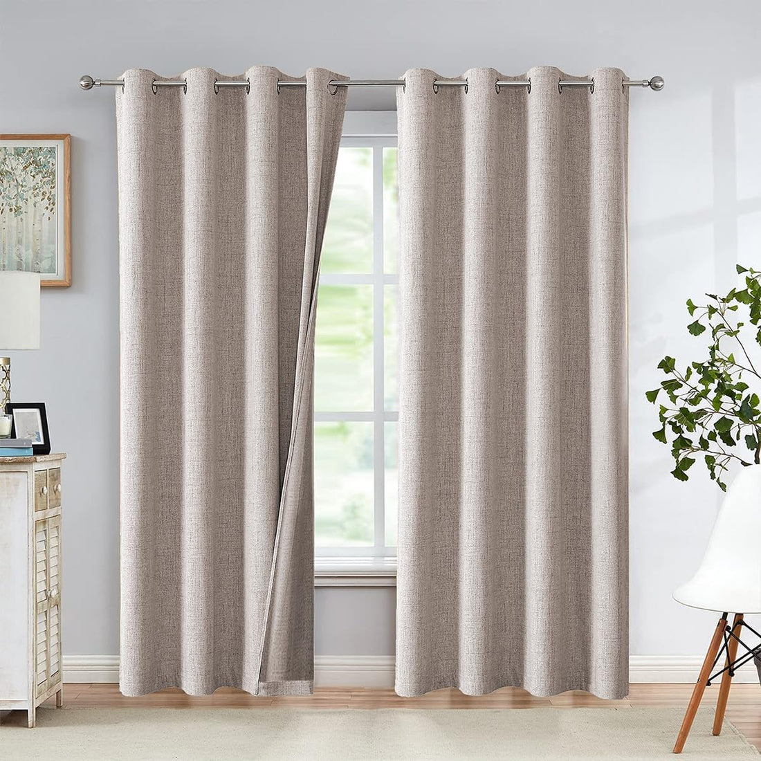 Naguib Selim-LEXA 10 S-100% Blackout Faux Linen Curtains Long Thermal Curtains for Living Room Textured Burlap Curtains with Double Face Linen Grommet Soundproof Bedroom Curtains-Single Side,Beige