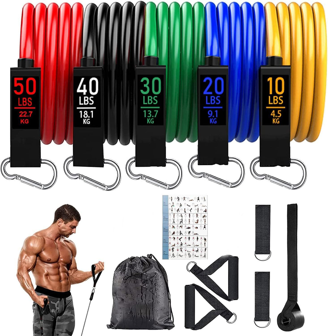 Resistance Bands Set 12pcs, Exercise Bands for Men & Women,【Jump Rope Included】Workout Bands Stackable Up to 150lb,Indoor/Outdoor Fitness Bands with Door Anchor & Handles for Strength, Slim, Yoga