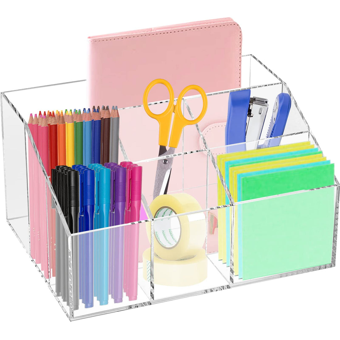 Best Media 7-Compartment Clear Acrylic Desk Organizer, Stationary Caddy and Pen Holder for Notebooks and Pencils, Multi-functional Storage for School, Artist, and Office Craft Room Supplies