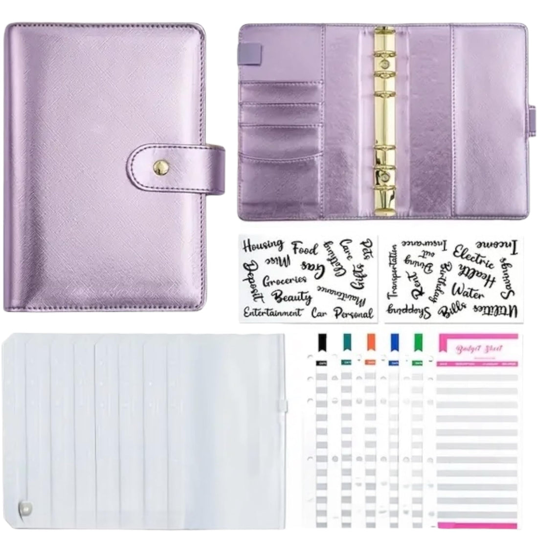 6-Ring Budget Binder Kit, A6 Size, Metallic Lilac with Card Slots, planner gold loose leaf, 12 budget sheets, 8 pvc clear pouches, Expense Stickers